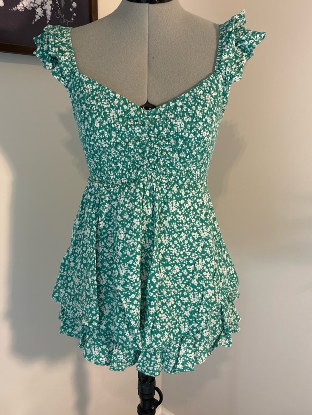 Altar'd State Green Floral Romper with Ruffle Straps
